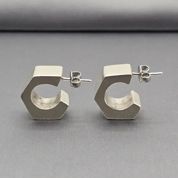 Sterling Silver Geometric C-Hoop Earrings Bold .75" Modern Hexagon Design - Picture 2 of 13